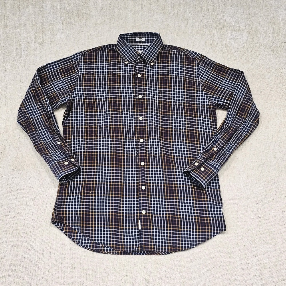 Peter Millar Med Navy/Orange Button Down Flannel Long Sleeve Plaid Dress Shirt